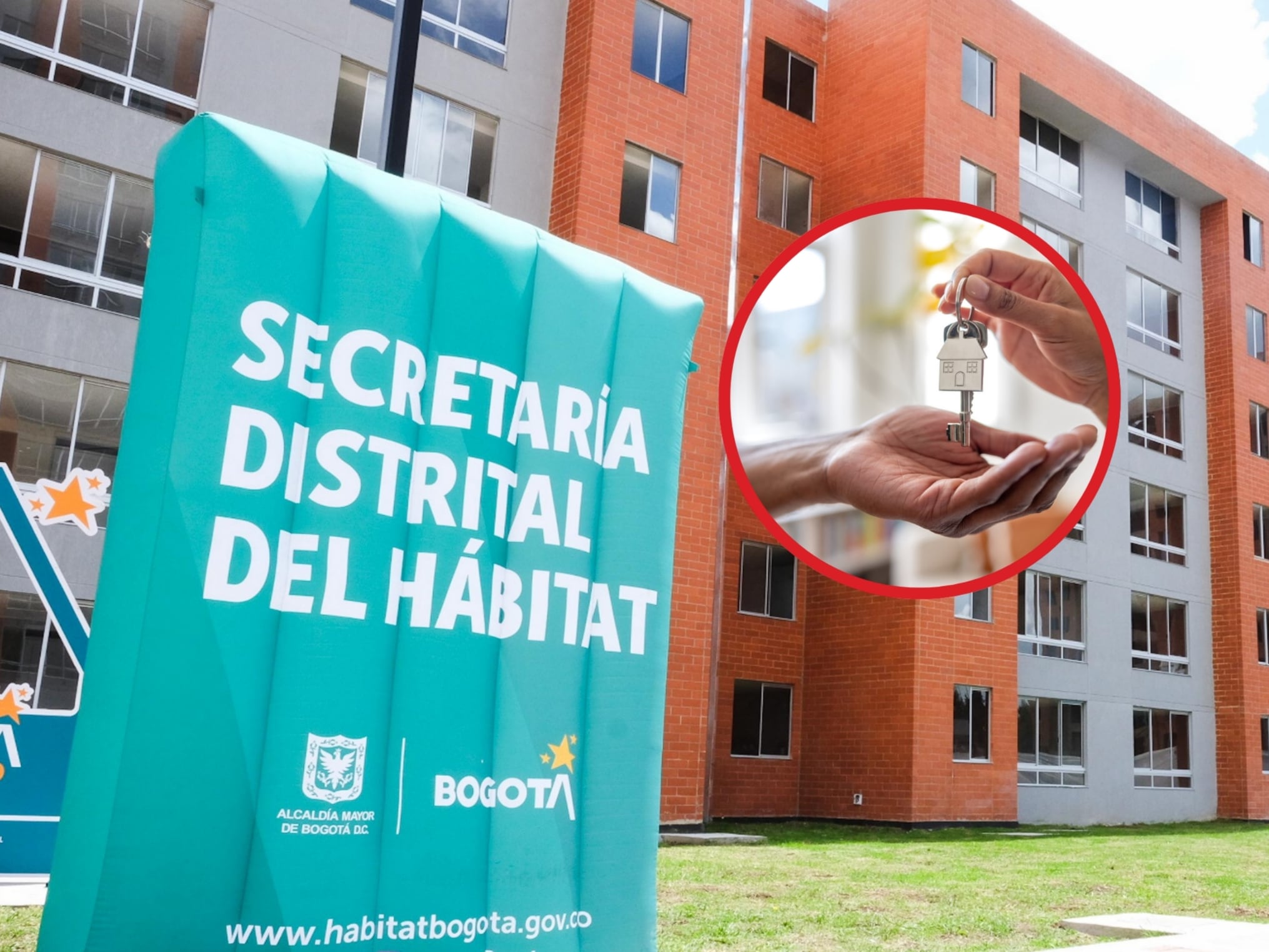De fondo: Imagen ilustrativa de un conjunto de apartamentos y al frente un logo de la Secretaría del Hábitat de Bogotá (Cortesía: Secretaría del Hábitat) / A la izquierda hay una imagen de referencia de una persona recibiendo unas llaves de una casa, símbolo de una compra de vivienda (Crédito: Getty Images)