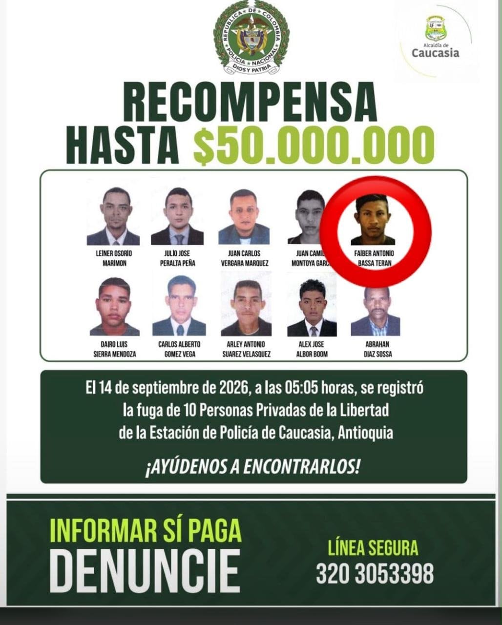 Recapturan uno de los 10 fugados de la estación de Policía de Caucasia. Foto: Séptima División del Ejército Nacional.