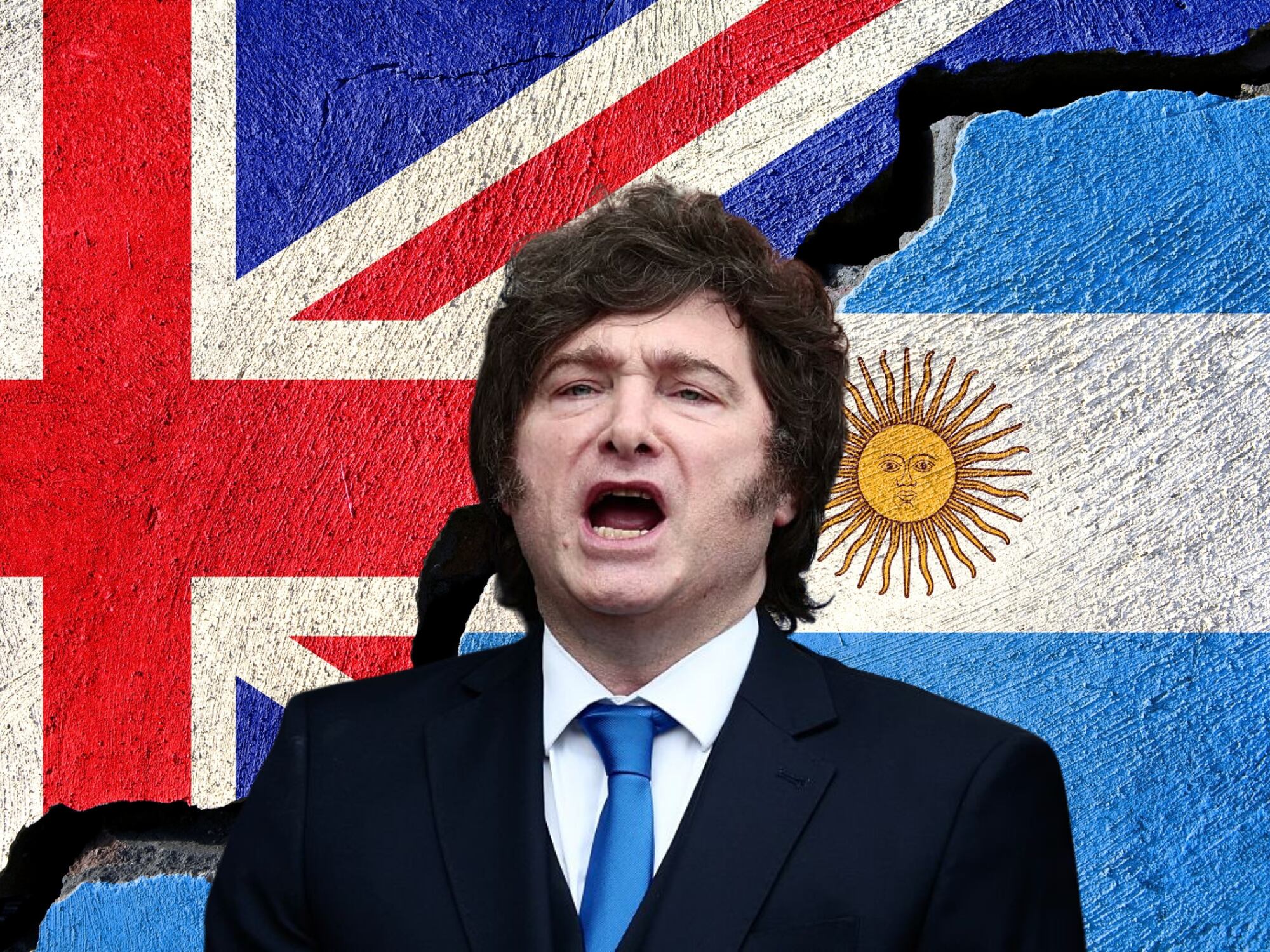 Banderas de Reino Unido y Argentina, Javier Milei. Fotos: Getty Images / (Photo by Tomas Cuesta/Getty Images)