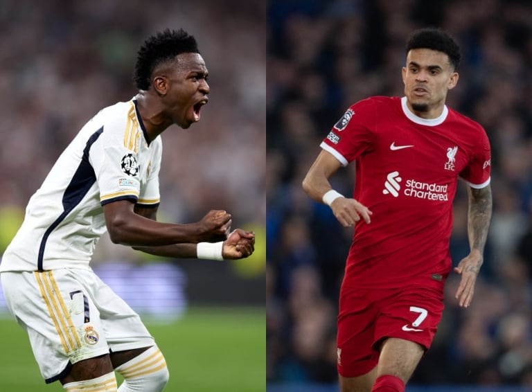 Collage de Vinícius en el Real Madrid y Luis Díaz en Liverpool // Fotos: Getty Images