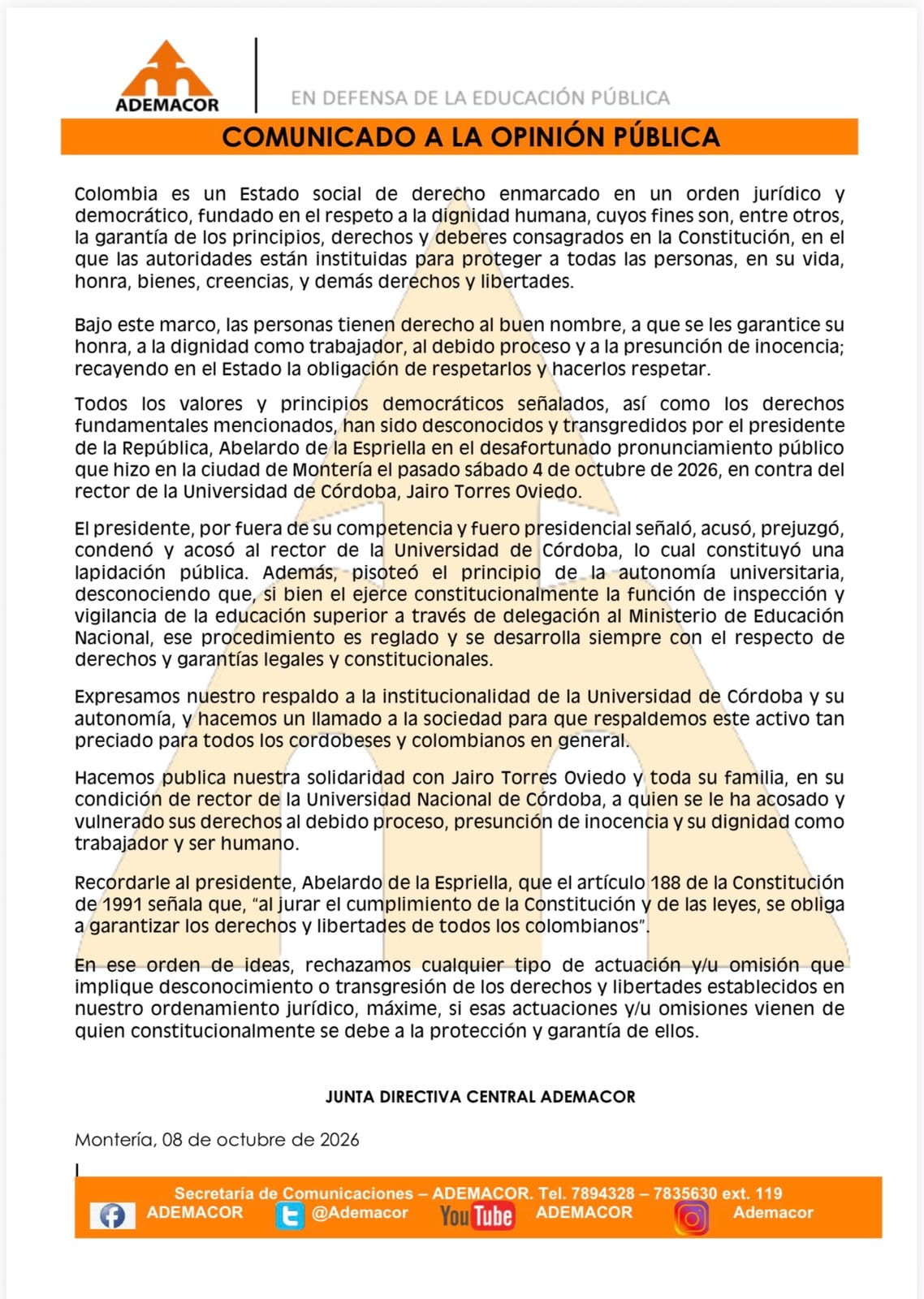 Comunicado de Ademacor.