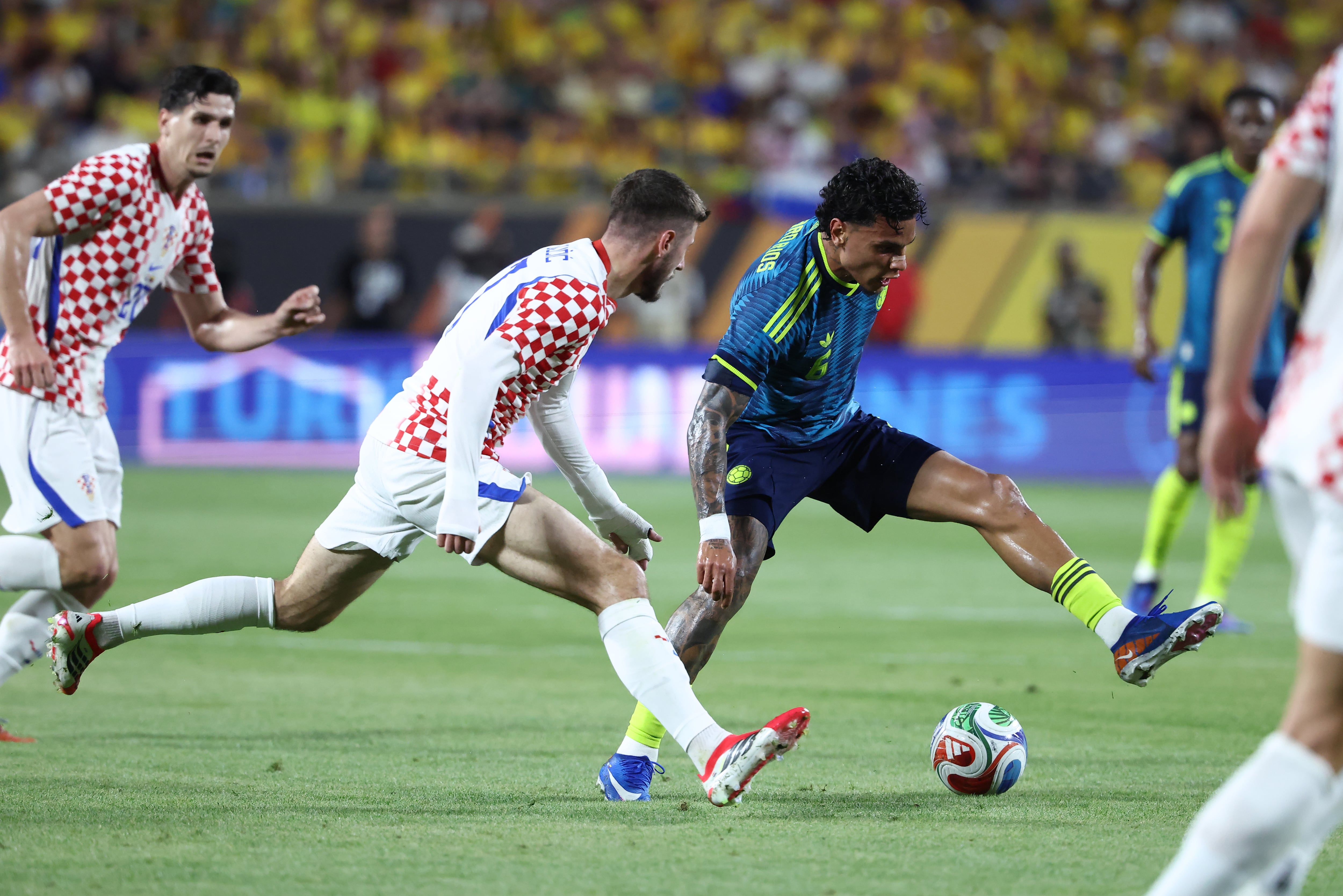 ORLANDO, FL - MARCH 26: Colombia Richard Rios tires to juke a defender in the first half during the Road to 26 match between Colombia and Croatia on Thursday, March 26, 2026 at Camping World Stadium in Orlando, FL (Photo by Peter Joneleit/Icon Sportswire via Getty Images)