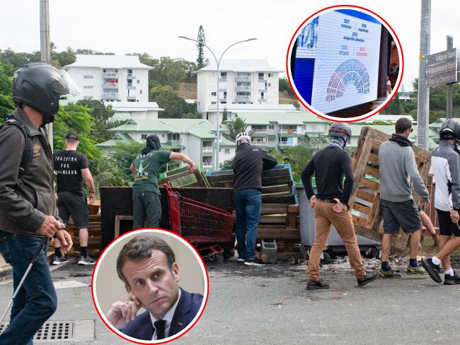 Protestas en el territorio francés de Nueva Caledonia. En el círculo superior, la votación en la Asamblea Nacional francesa aprobando la modificación del censo electoral en Nueva Caledonia y en el círculo inferior el presidente de Francia, Emmanuel Macron.
(Foto: Getty / Caracol Radio )
