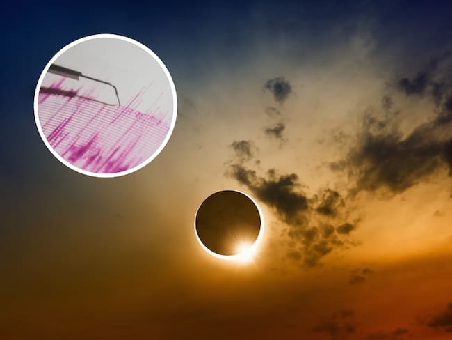 Eclipse solar anular visualizándose desde la Tierra y de fondo un papel simulando un movimiento telúrico(Fotos vía Getty Images)