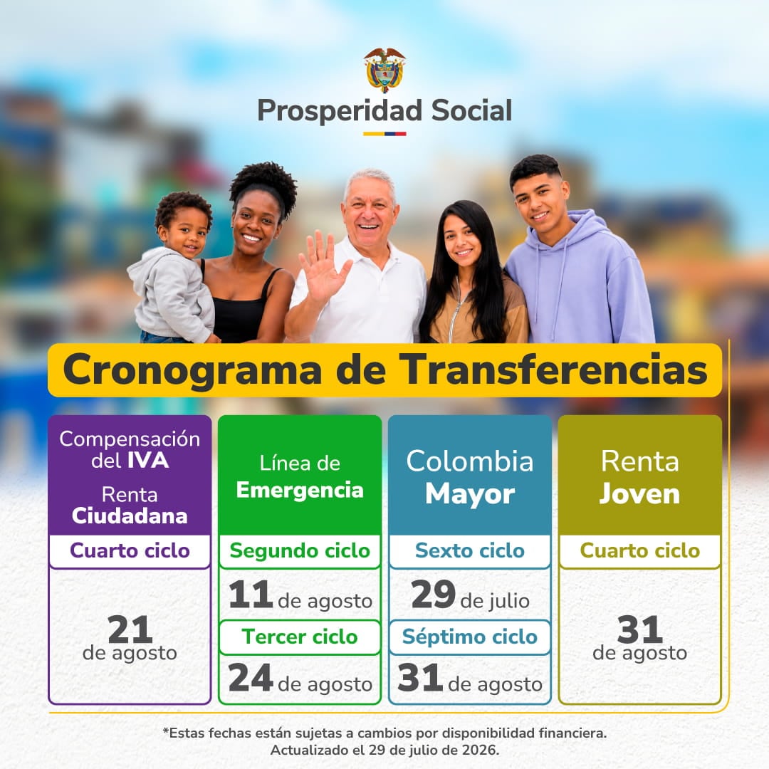 Imagen tomada de: Prosperida Social (Cronograma de transferencias monetarias: julio y agosto de 2026)