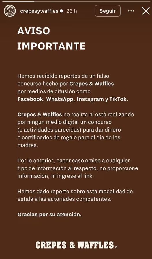Crepes & Waffles envía alerta por estafas a su nombre para el Día de la Madre.