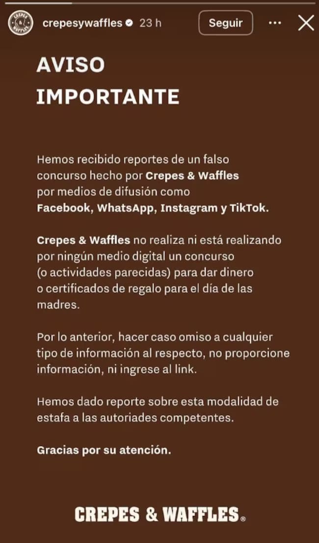 Crepes & Waffles envía alerta por estafas a su nombre para el Día de la Madre.