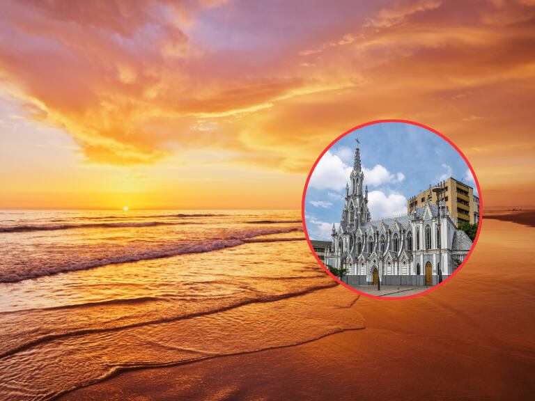 Iglesia de la Ermita en Cali, Valle del Cauca y de fondo un atardecer en la playa (Fotos vía Getty Images)