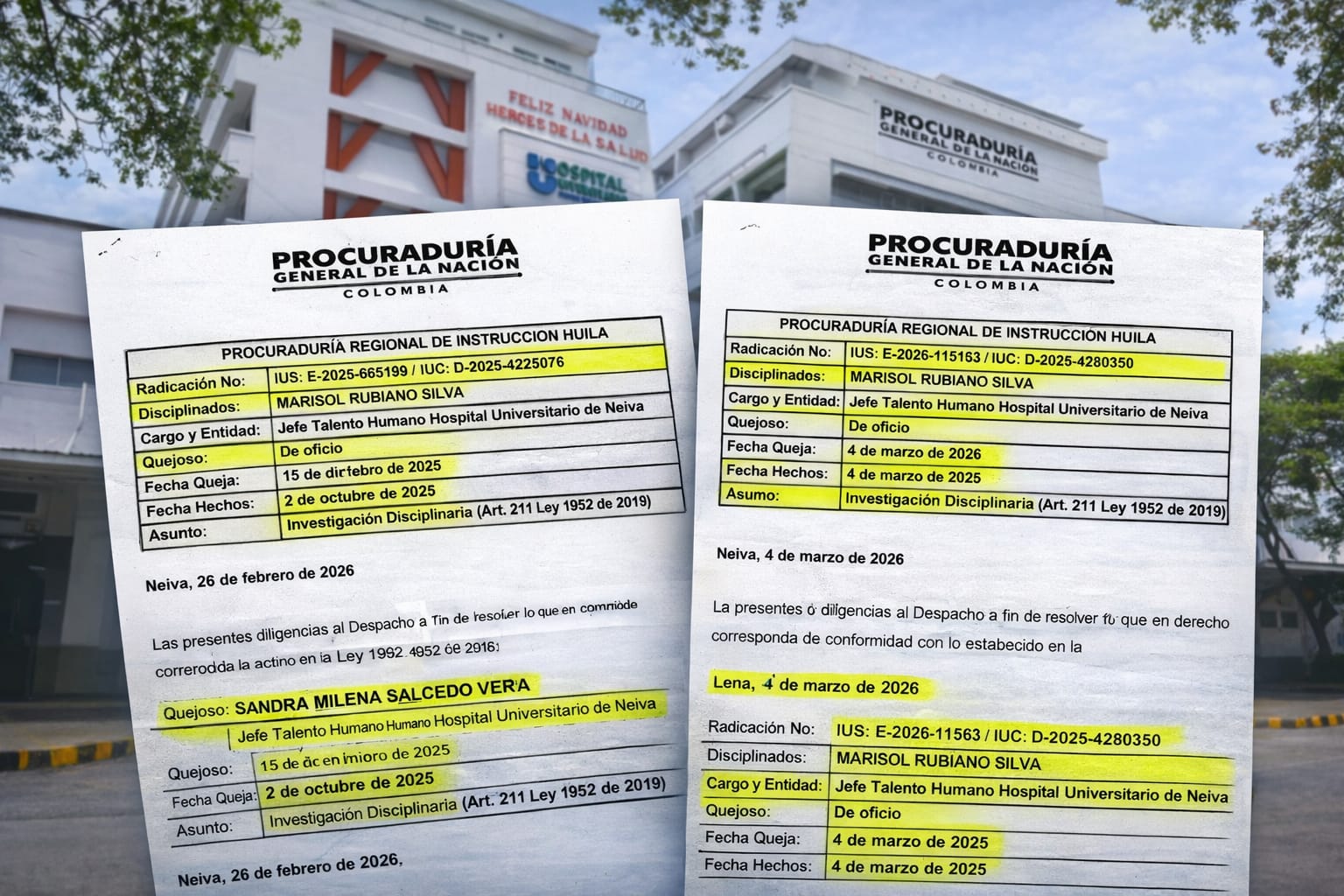Procuraduría General de la Nación adelanta investigación disciplinaria contra la jefe de Talento Humano del Hospital Universitario de Neiva por presunto constreñimiento al elector.