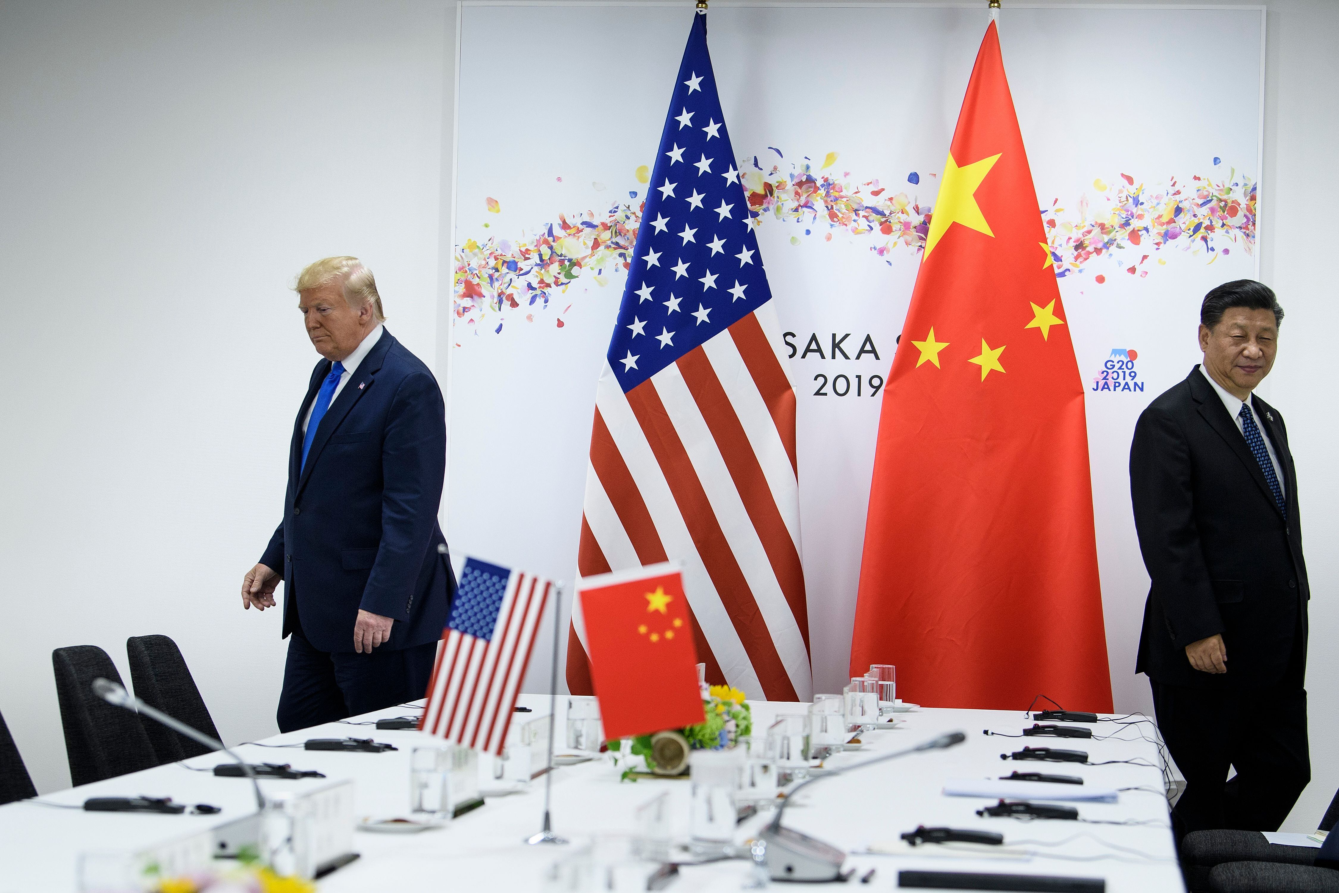 US President Donald Trump and China's President Xi Jinping attend a bilateral meeting on the sidelines of the G20 Summit in Osaka on June 29, 2019. (Photo by Brendan Smialowski / AFP)        (Photo credit should read BRENDAN SMIALOWSKI/AFP via Getty Images)