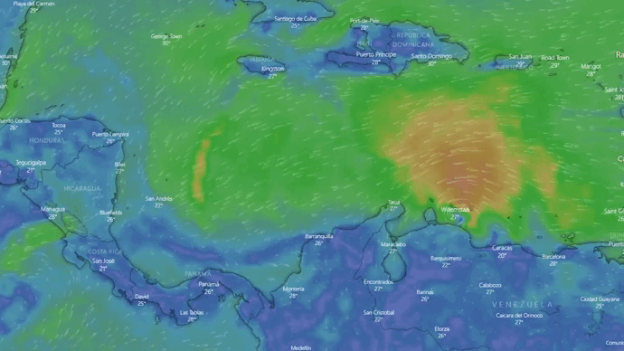 Trayectoria estimada de la onda tropical entre el jueves 6 de octubre y el domingo 9 de octubre. (Cortesía: Windy)
