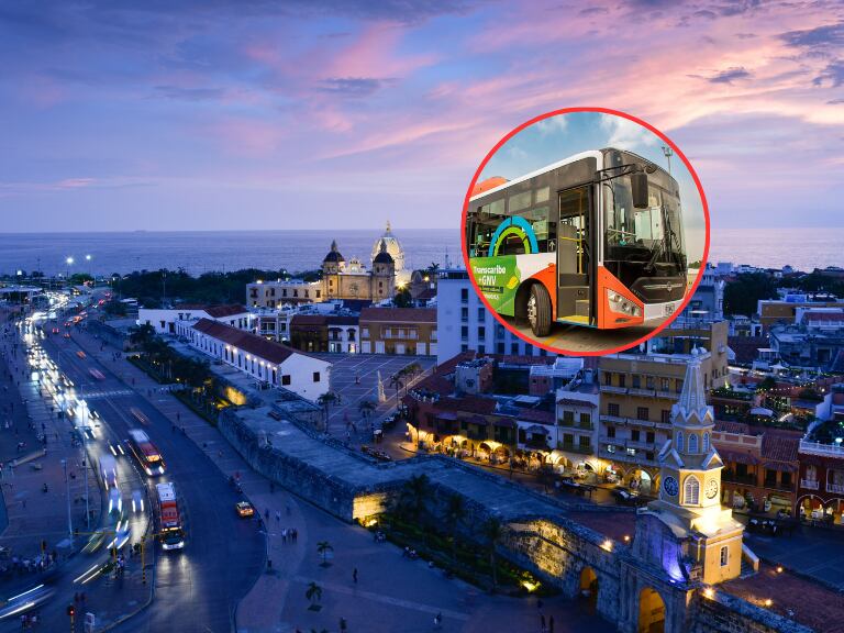 Foto panorámica de Cartagena y al lado un Ecobús de TransCaribe (Fotos vía Getty Images)