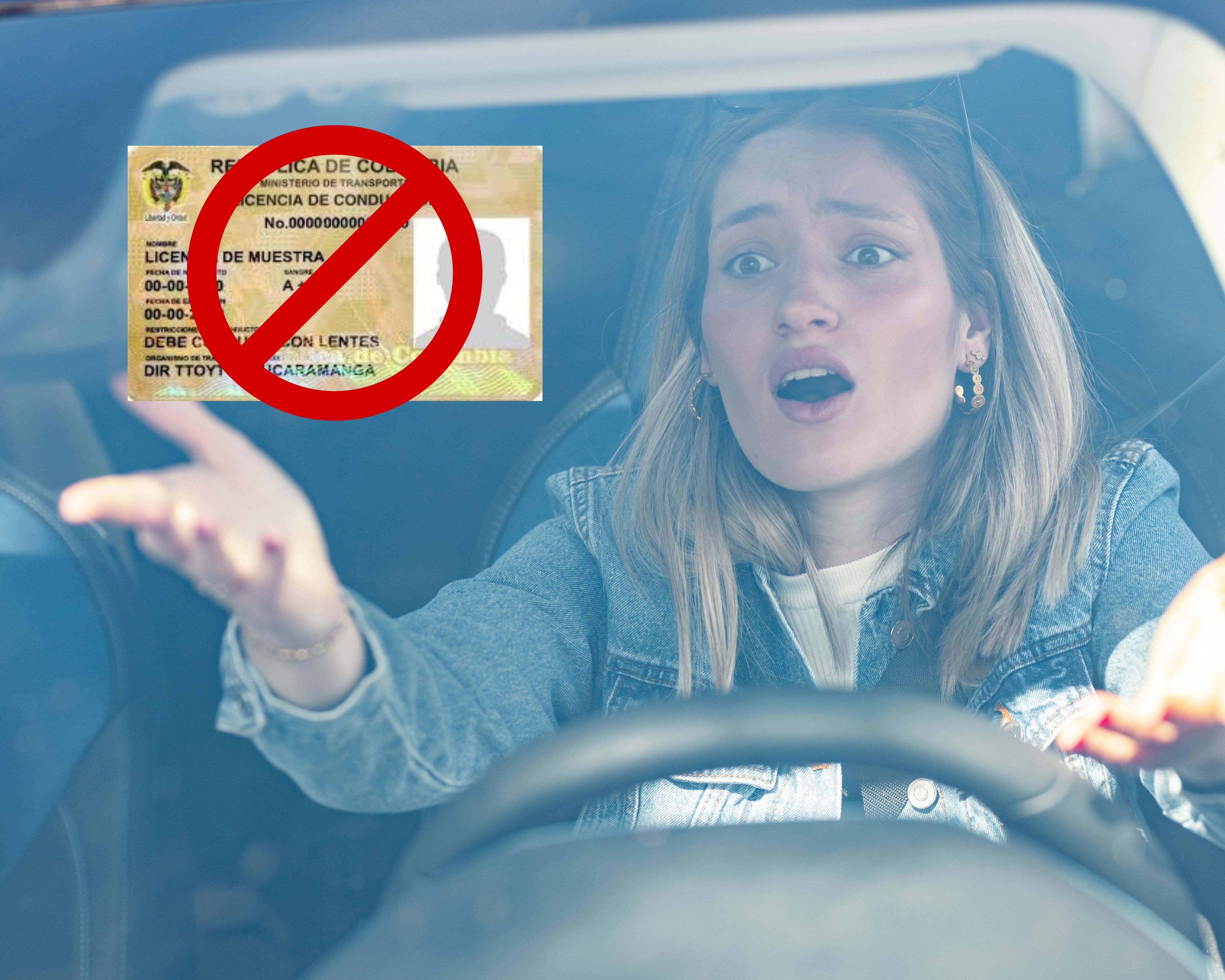 En portada: Licencia de conducción colombiana de muestra, siendo cancelada. De fondo: Persona en un automóvil protestando (Crédito: Getty Images).
