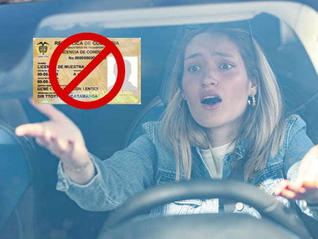 En portada: Licencia de conducción colombiana de muestra, siendo cancelada. De fondo: Persona en un automóvil protestando (Crédito: Getty Images).