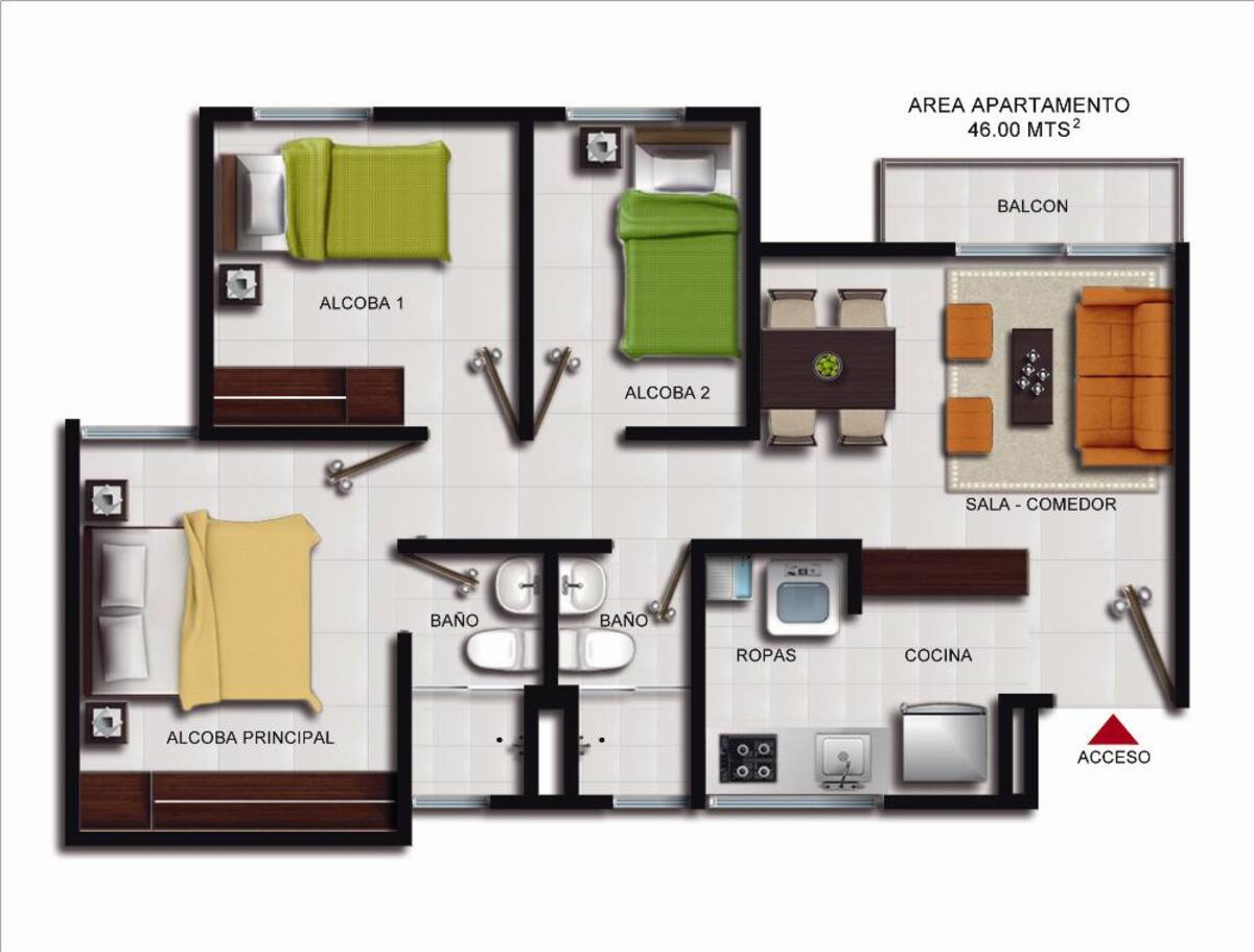 Vivienda de interés social que se construye sobre la futura Avenida 103 con carrera 4F, a tan solo cinco minutos de Homecenter, Almaneces Éxito y Makro. Conjunto Cerrado con porterÍa vigilada 24 horas, conformado por 6 torres de cinco pisos cada una y Apartamentos todos esquineros  de 2 y 3 alcobas desde 39,08 M2 hasta 47,64 M2 espacios iluminados y ventilados naturalmente.