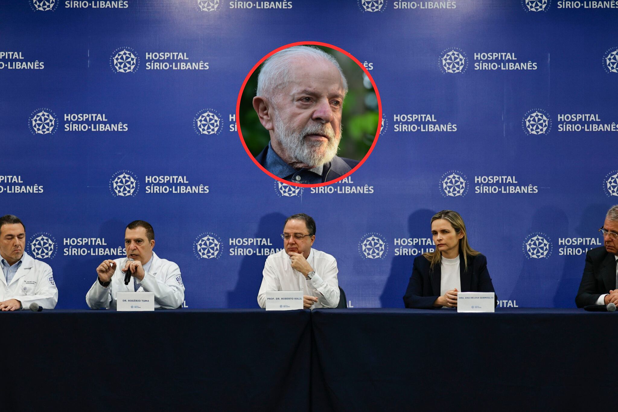 Los doctores Mauro Suzuki, Rogério Tuma, Roberto Kalil, Ana Helena Germoglio y Marcos Stavale, médicos del presidente de Brasil, Luiz Inácio Lula da Silva, ofrecen una rueda de prensa con información actualizada sobre el estado del Presidente tras ser operado para drenar una hemorragia intracraneal en el hospital Sírio Libanês, en el centro de São Paulo (Brasil). Lula está despierto, conversa "normalmente" y se quedará en observación los próximos días. EFE/ Isaac Fontana.