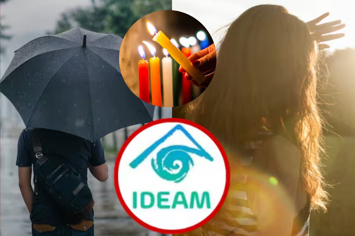 Clima en Colombia, hombre bajo sombrilla y mujer cubriendose el rostro del Sol - Logo del IDEAM - Día de las Velitas - Cortesía - Getty Images