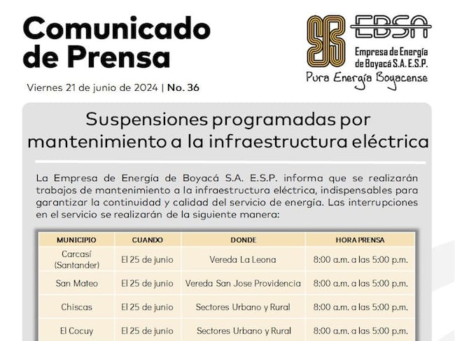 Suspensión del servicio eléctrico en varios municipios de Boyacá