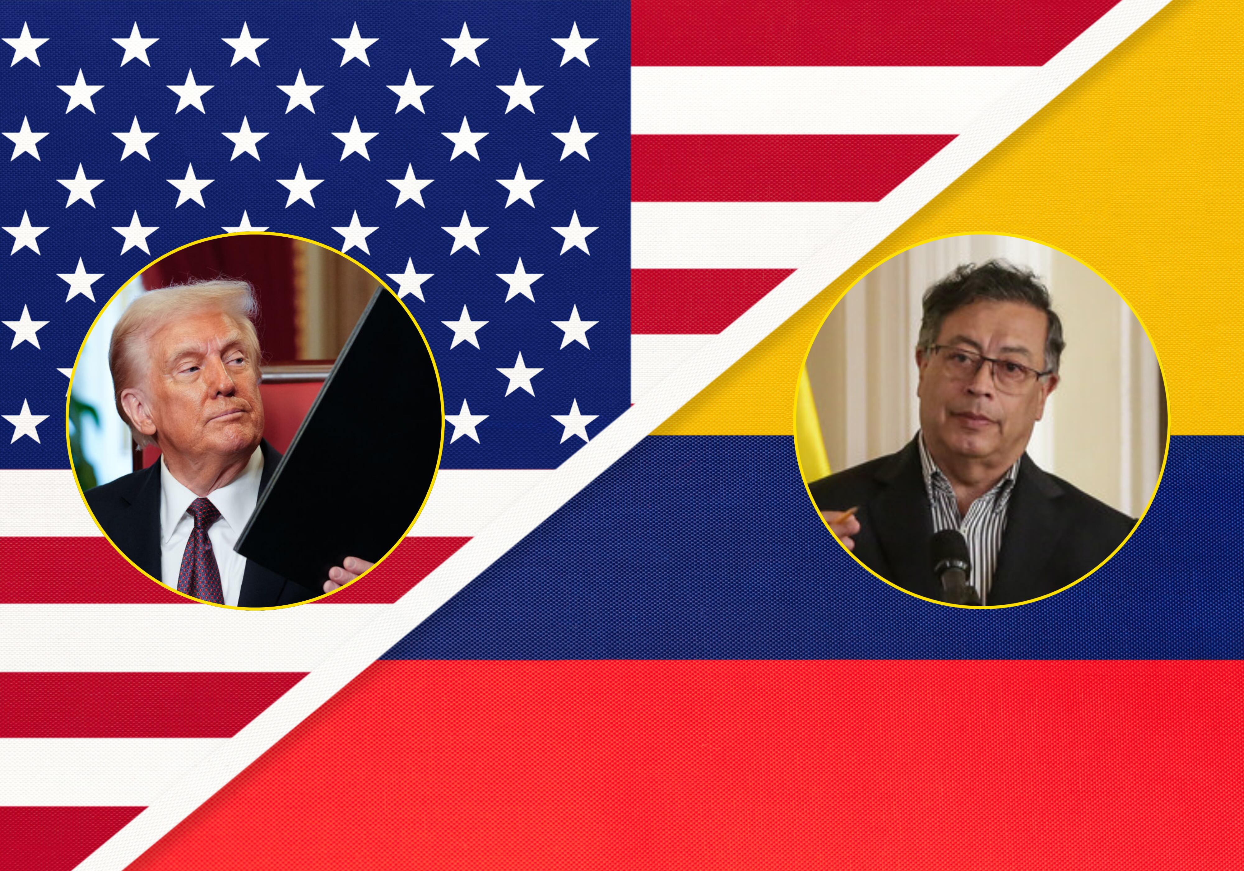 Donald Trump, Gustavo Petro y banderas de Estados Unidos y Colombia. Foto: (Photo by Melina Mara-Pool/Getty Images) / (Colprensa - Catalina Olaya) / Getty Images