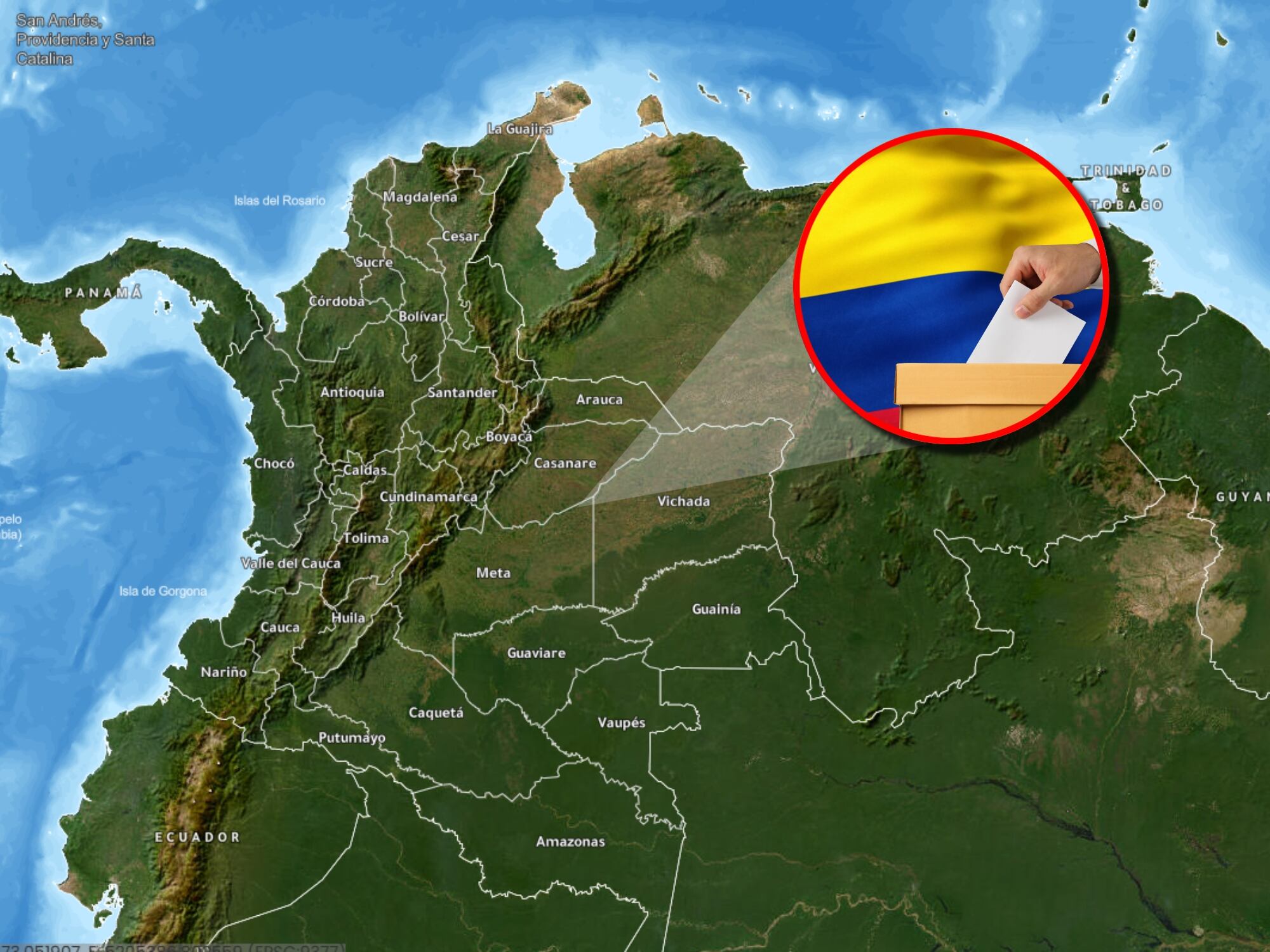 Mapa político de Colombia e imagen de referencia de elecciones en Colombia. Fotos: Colombia en Mapas y Getty Images.