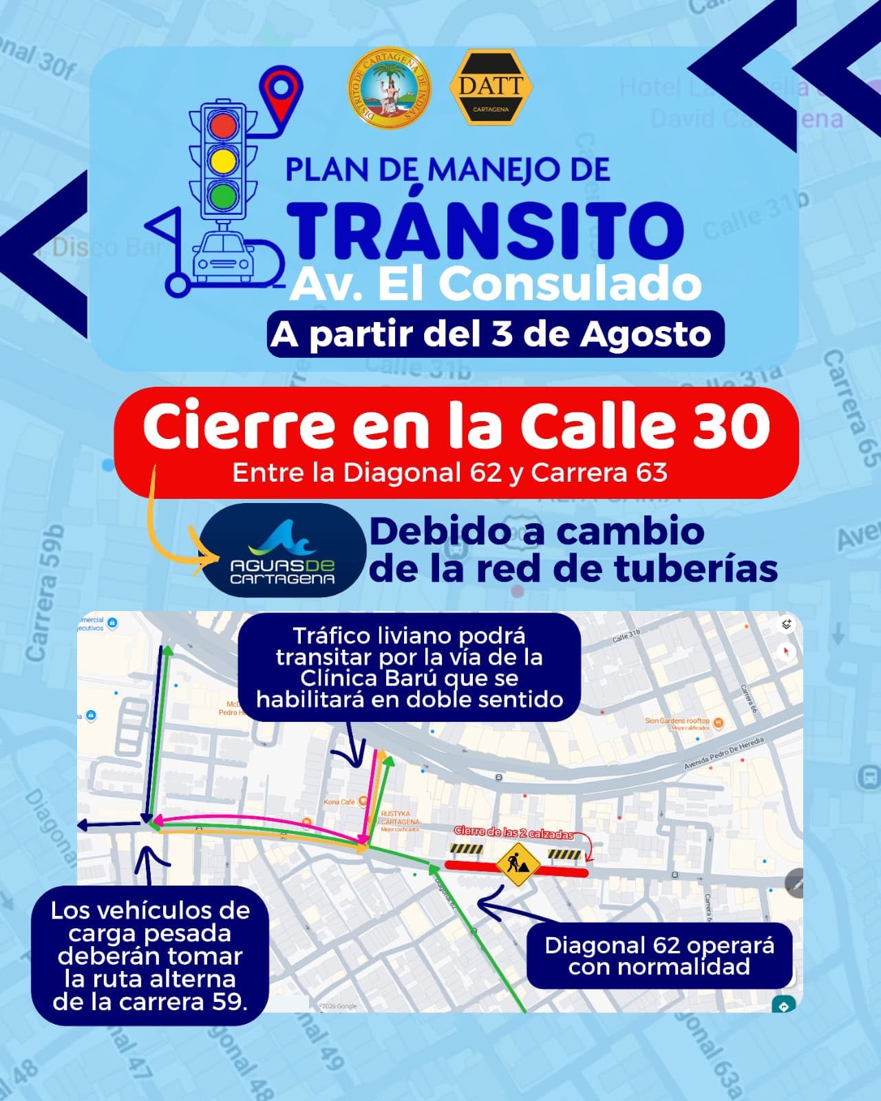 Manejo del tráfico por trabajos de Aguas de Cartagena