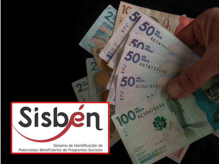 Dinero colombiano; y logo del Sisbén. (Foto: Getty Images)