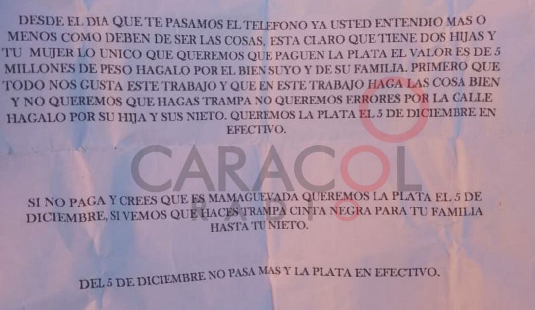 Panfleto con el que amenazan a comerciantes.