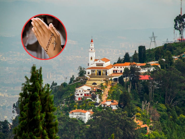 Cerro de Monserrate y al lado una persona orndo con un objeto religioso (Fotos vía Getty Images)