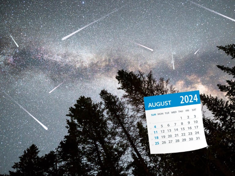 Avistamiento de un evento astronómico y al lado un calendario del mes de agosto del 2024 (Fotos vía Getty Images)