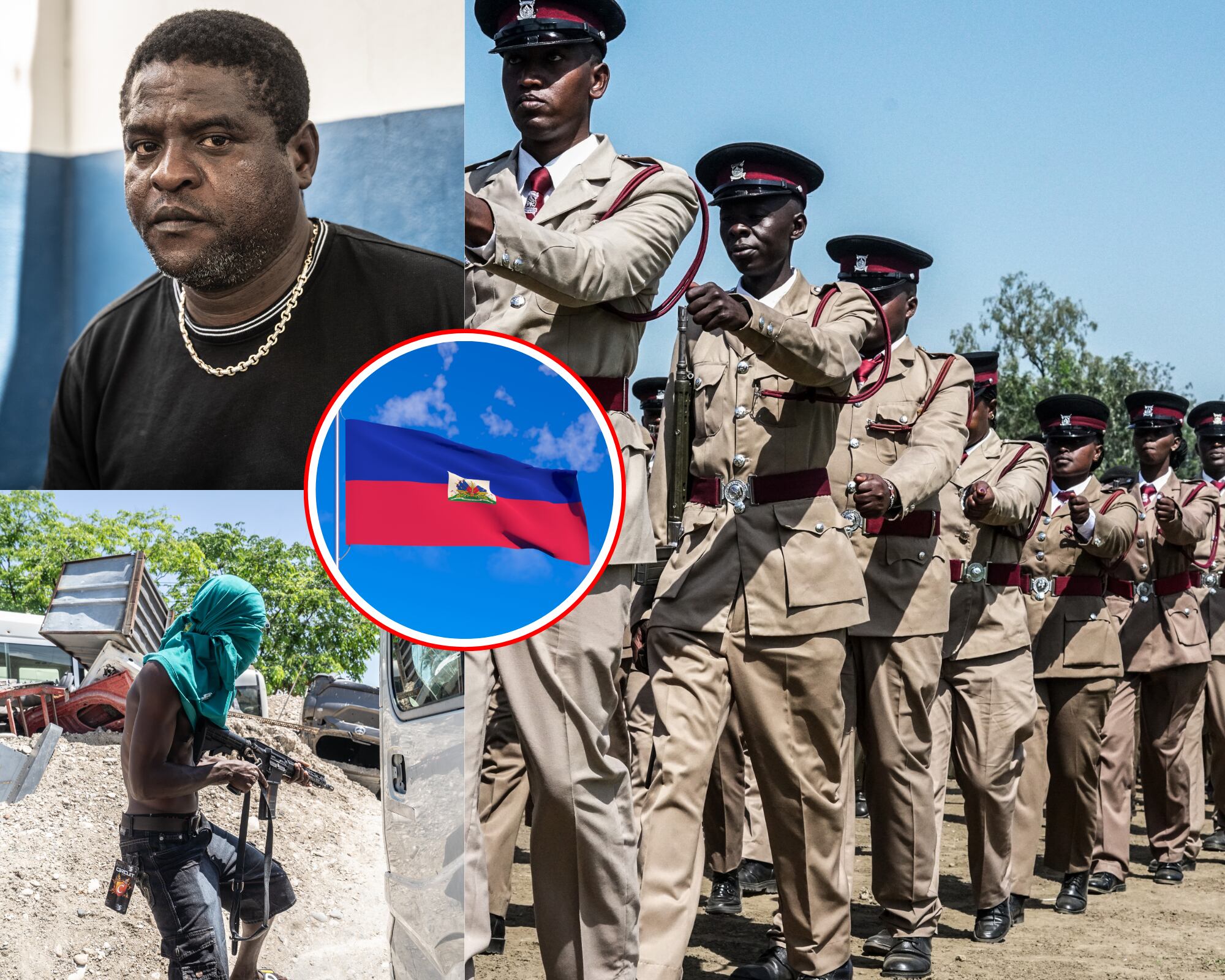 Fuerzas policiales de Kenia (der) estarán en Haití combatiendo pandillas dirigidas por Jimmy "Barbecue" Chérizier (izq).
Foto: Caracol Radio / Getty