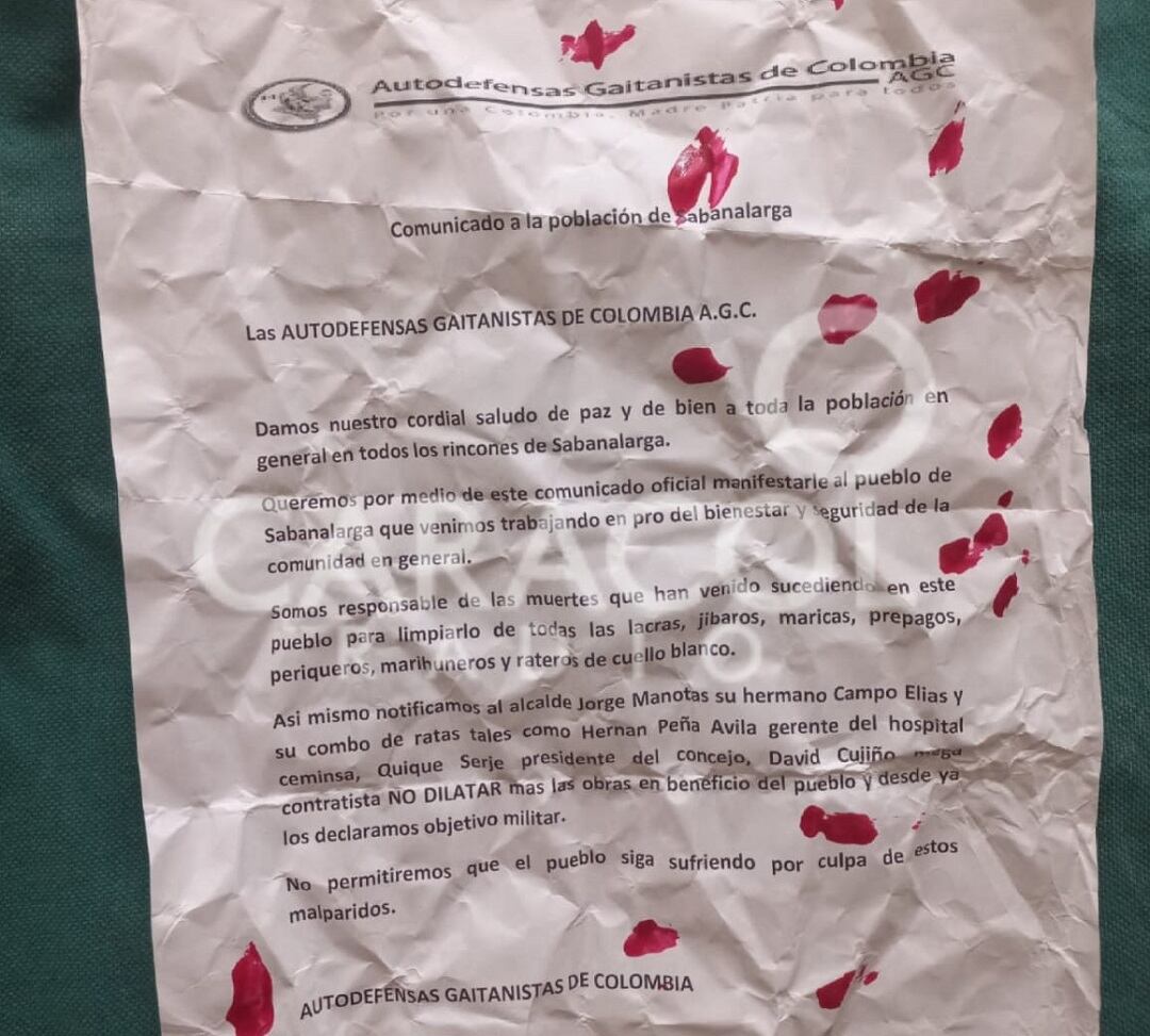 Panfleto firmado por, al parecer, el ‘Clan del Golfo’