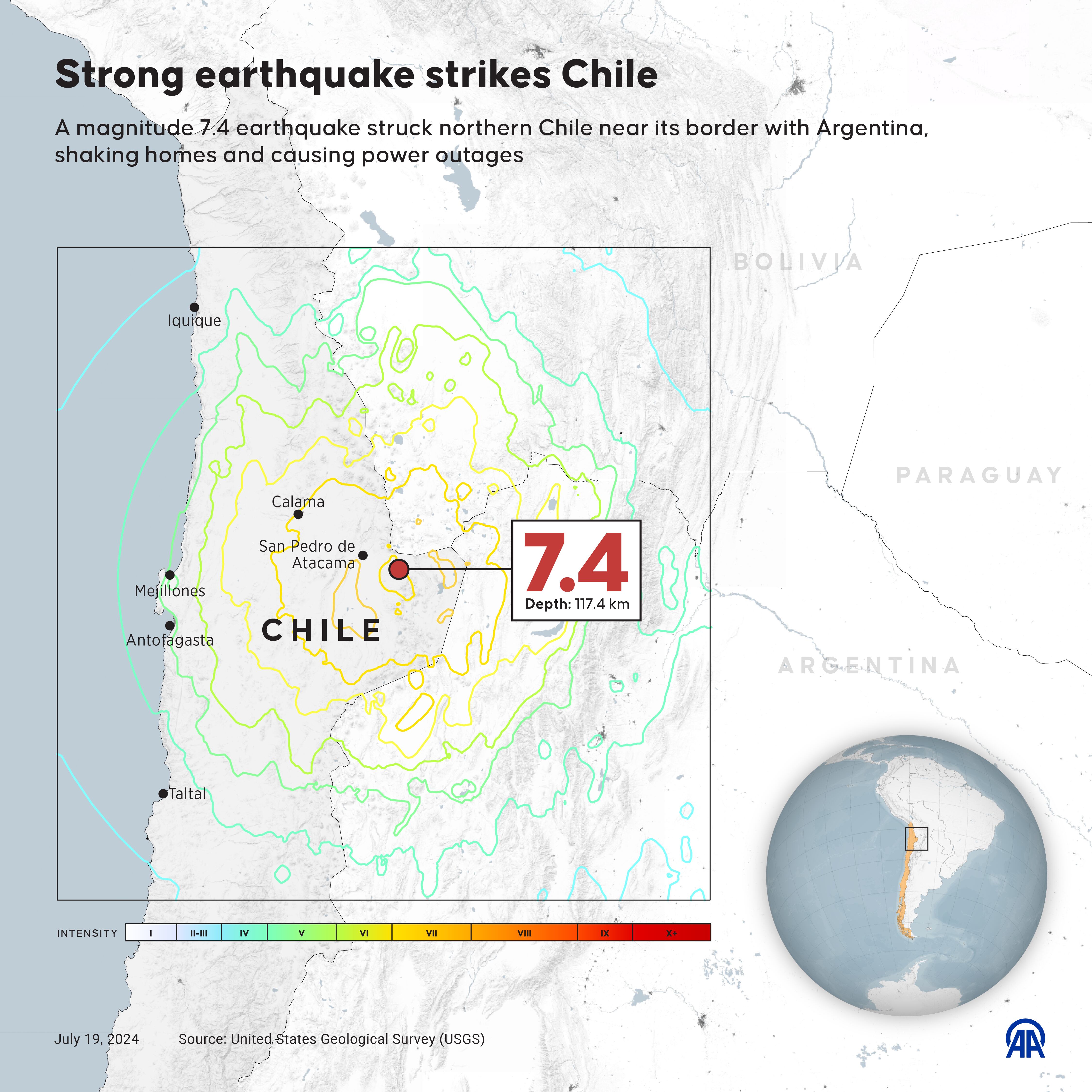 ANKARA, TURKIYE - JULY 19: An infographic titled 'Strong earthquake strikes Chile' created in Ankara, Turkiye on July 19, 2024. A magnitude 7.4 earthquake struck northern Chile near its border with Argentina, shaking homes and causing power outages. (Photo by Yasin Demirci/Anadolu via Getty Images)
