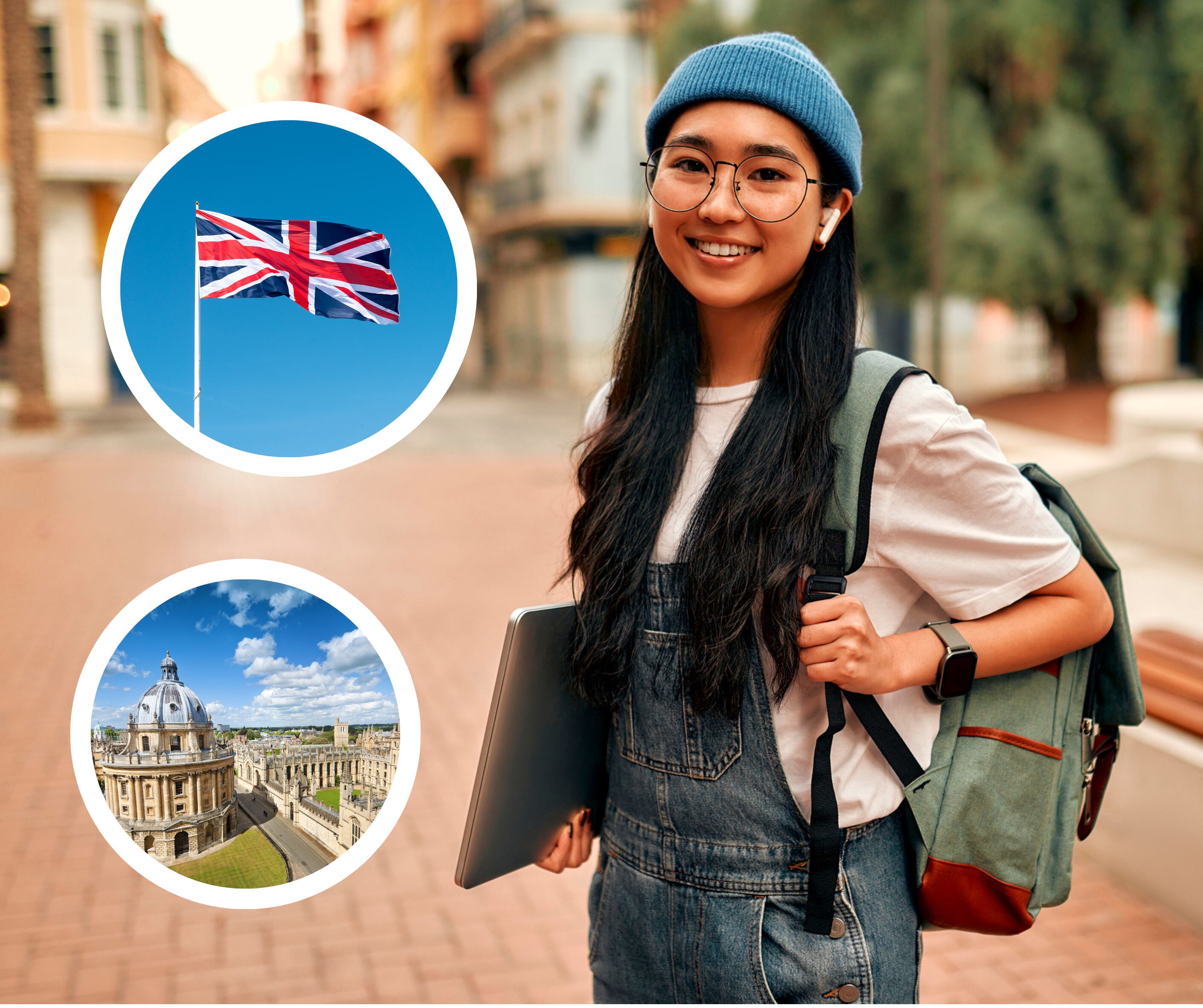 Estudiante con un portátil y una maleta, de fondo la bandera del Reino Unido y la Universidad de Oxford (Fotos vía Getty Images)