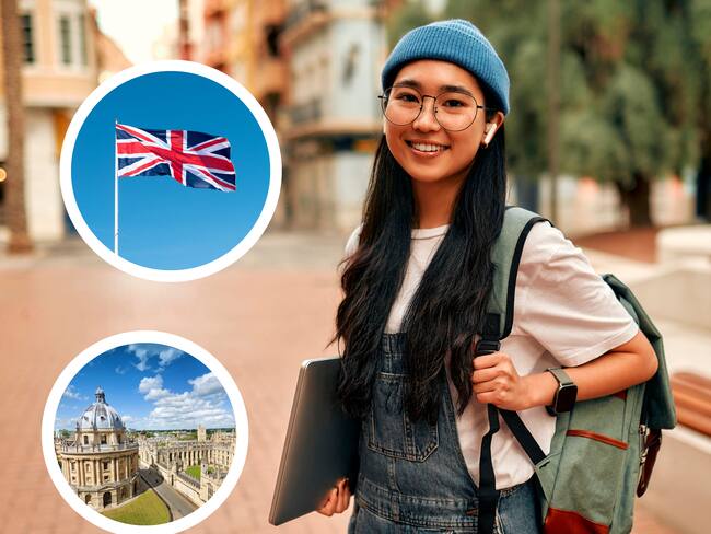 Estudiante con un portátil y una maleta, de fondo la bandera del Reino Unido y la Universidad de Oxford (Fotos vía Getty Images)