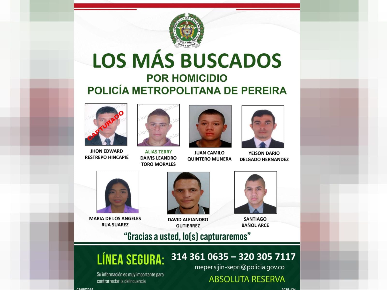 Cartel de los más buscados en Pereira y su área metropolitana por homicidio