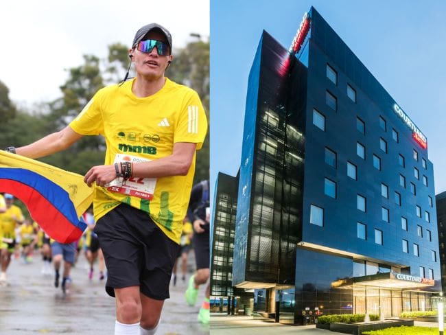 Corredores conquistando la media maratón de Bogotá y Fachada del hotel Courtyard by Marriott Bogotá Airport, sede oficial de la media maratón de Bogotá 25
