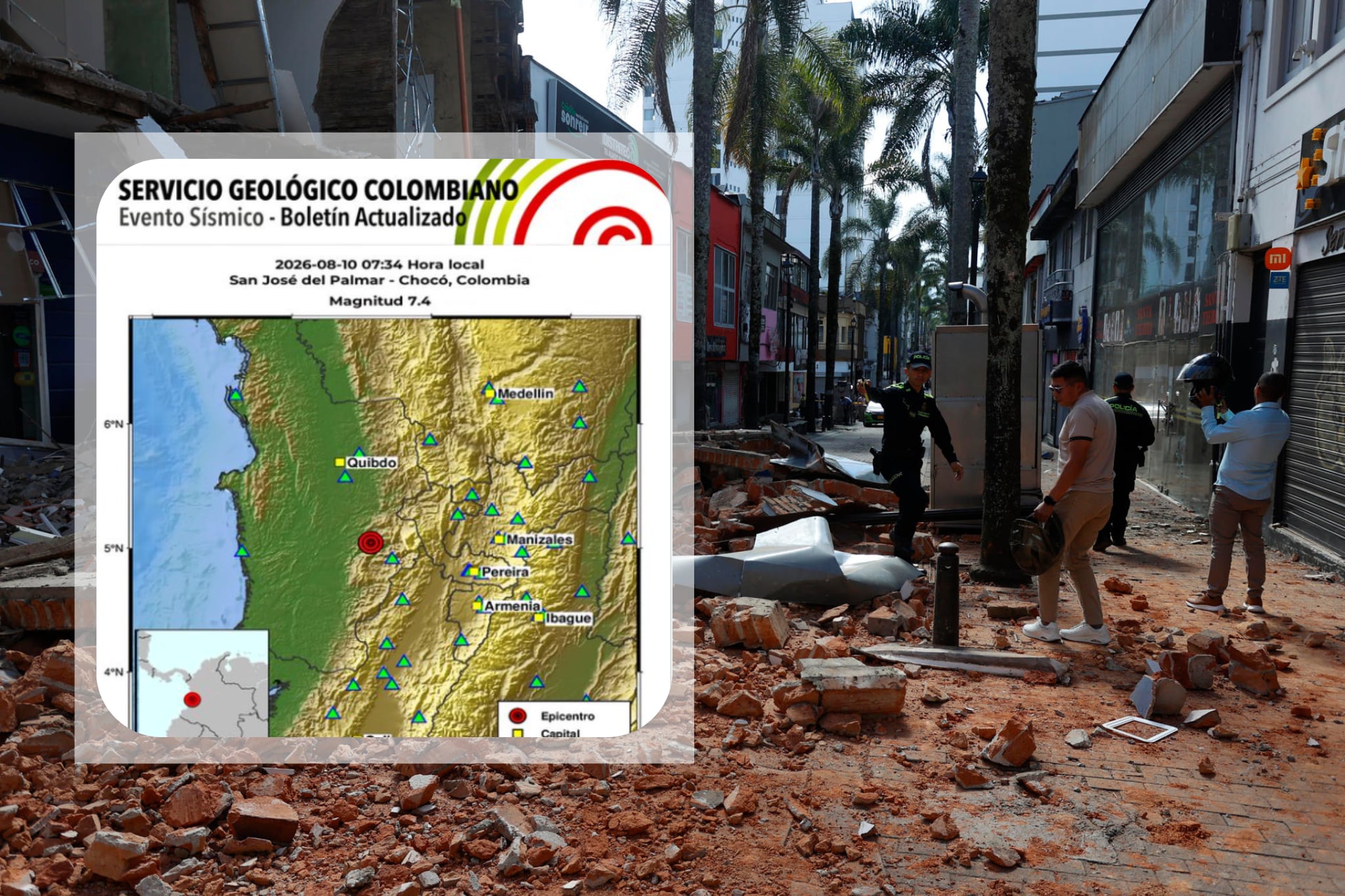 Imagen del terremoto tomada de EFE (Crédito: EFE) // Confirmación del terremoto tomada de X (Servicio Geológico Colombiano)