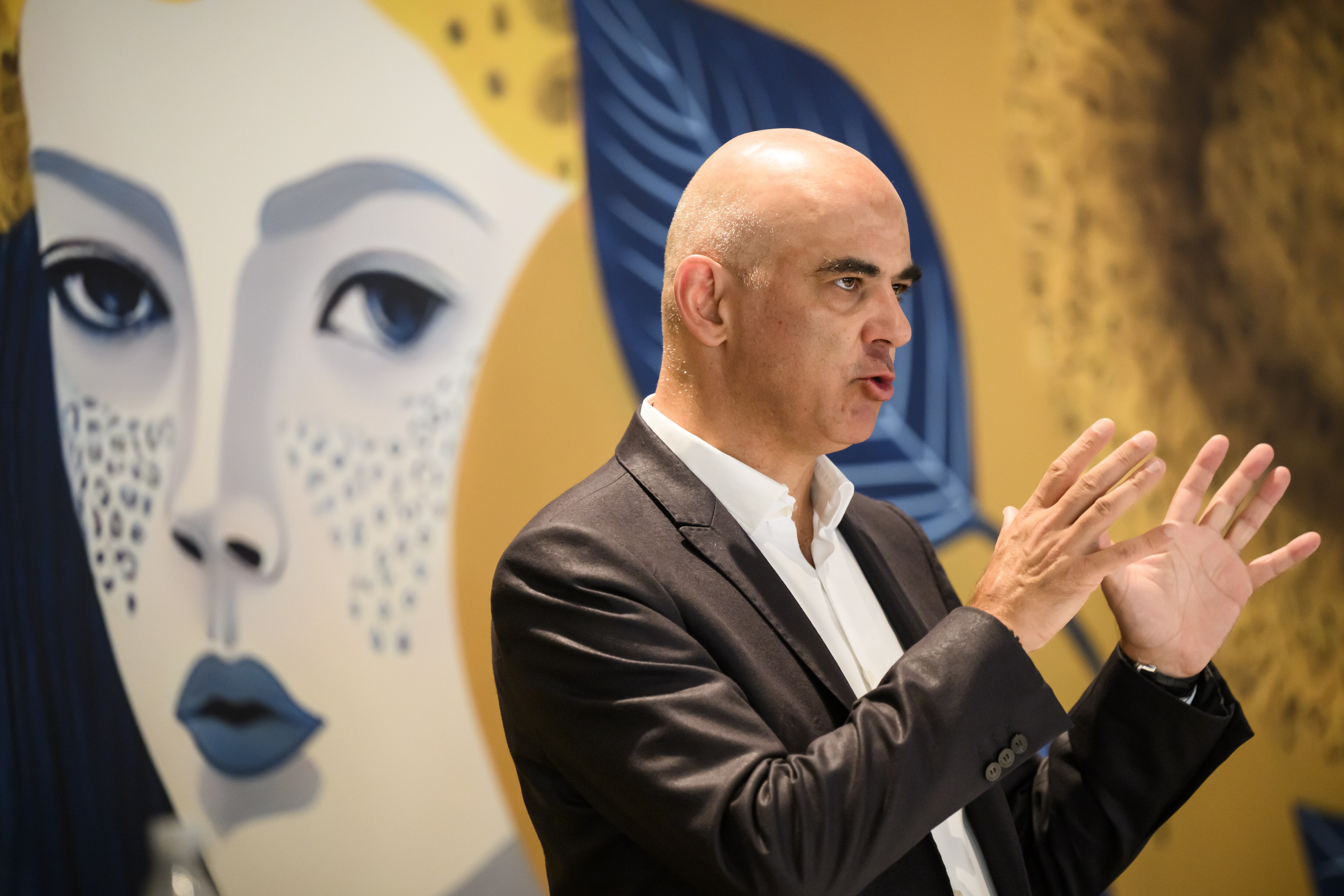 Locarno (Switzerland), 03/08/2023.- Swiss Federal President Alain Berset speaks during the Swiss Federal Office of Culture (Bundesamt fuer Kultur, or BAK) press conference at the 76th Locarno International Film Festival in Locarno, Switzerland, 03 August 2023. The 76th Locarno Film Festival takes place from 02 to 12 August 2023. (Cine, Suiza) EFE/EPA/JEAN-CHRISTOPHE BOTT