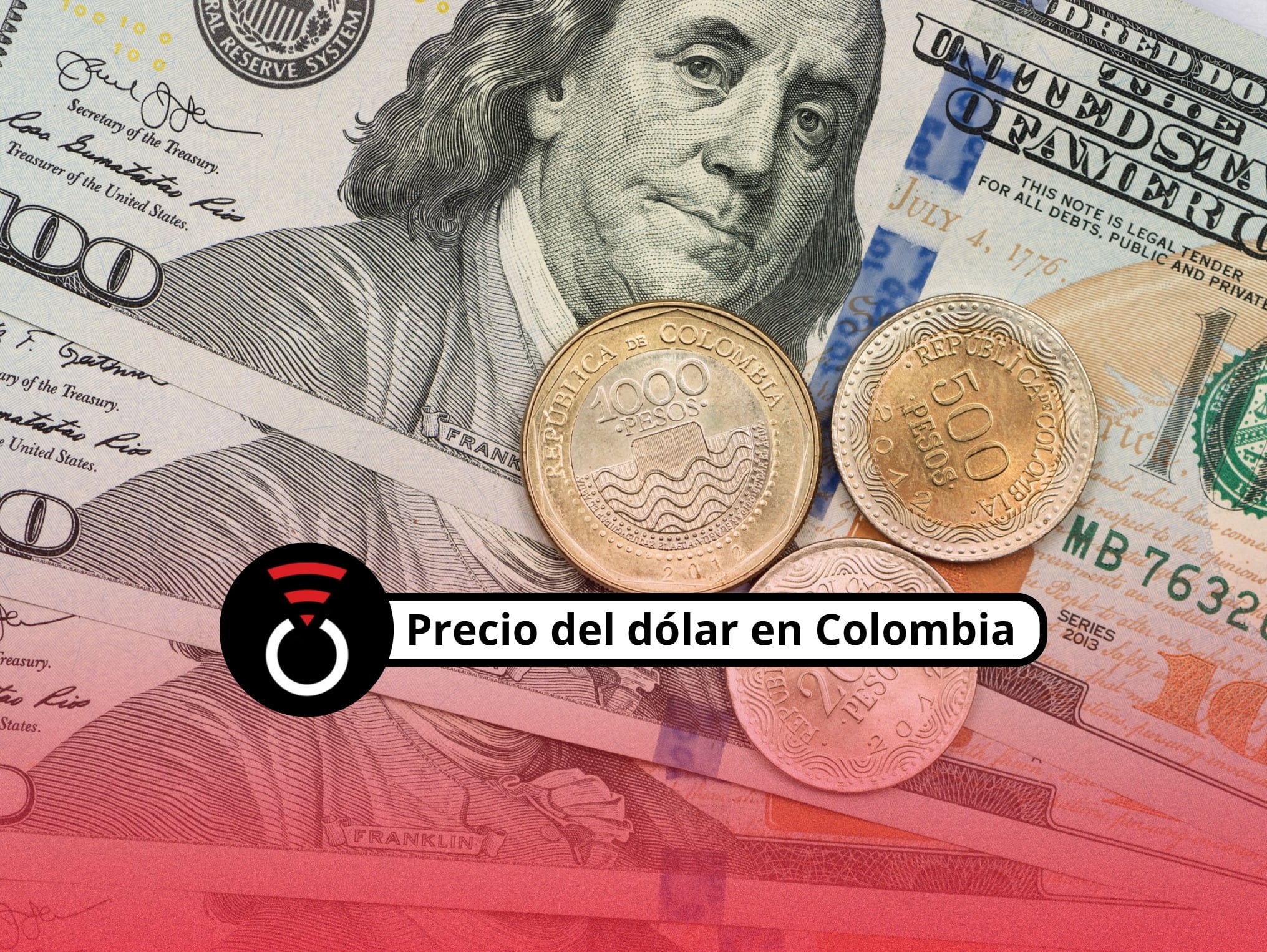 De fondo: Imagen ilustrativa de billetes de 100 dólares debajo de tres monedas de pesos colombianos (Crédito: Getty Images)