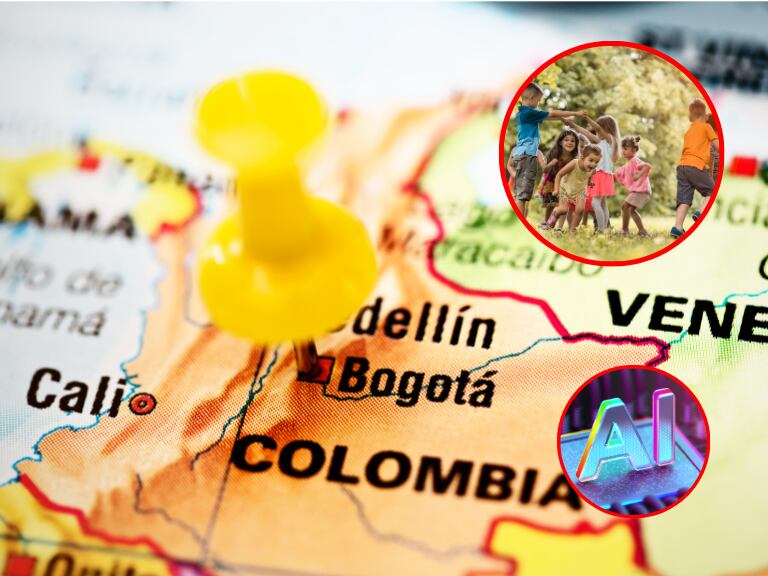 Mapa de Colombia; niños jugando e inteligencia artificial. (Foto: Getty Images)