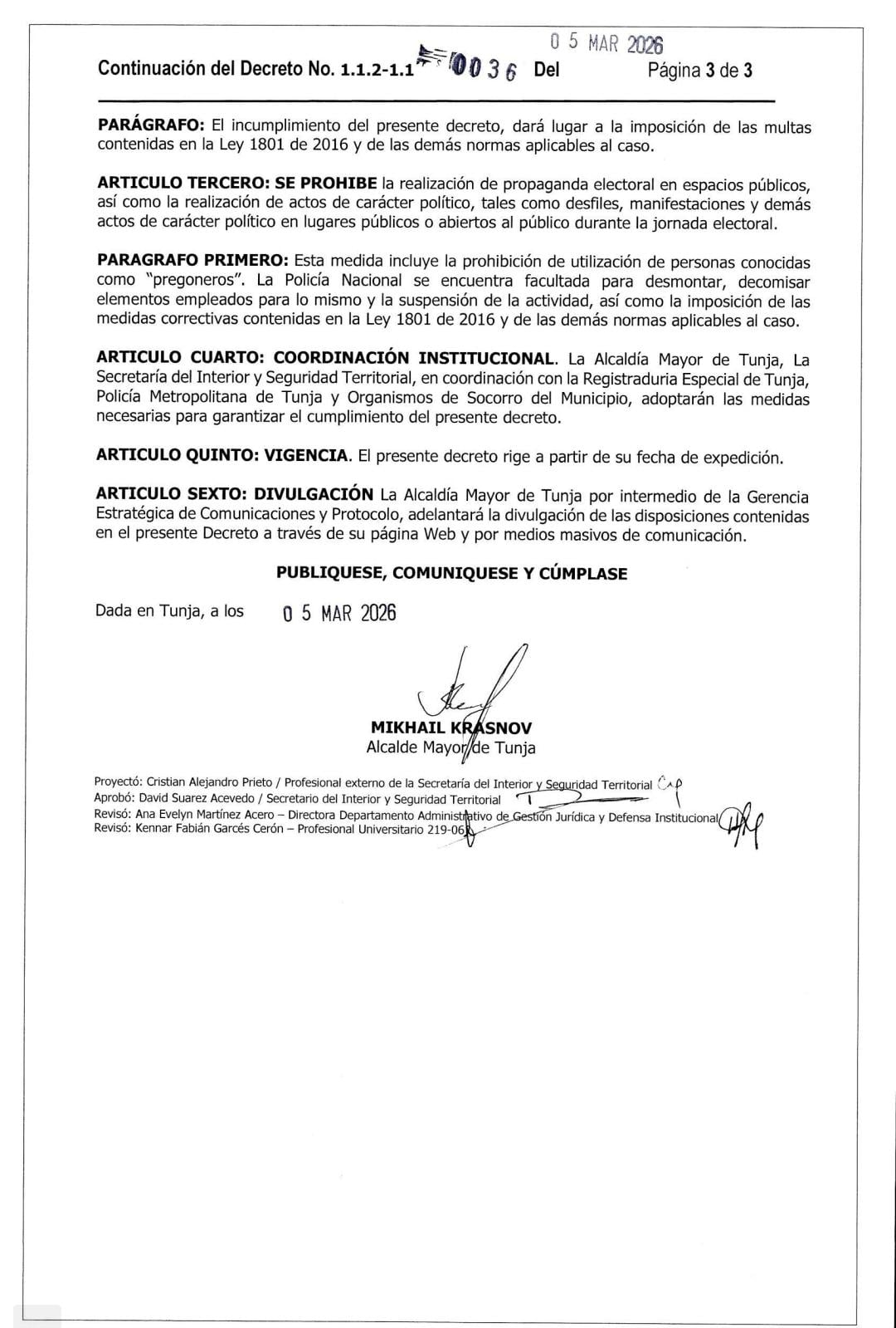 Decreto No.0036 de 05 de marzo de 2026 - Por medio del cual se dictan normas para la conservación del orden público para las elecciones.