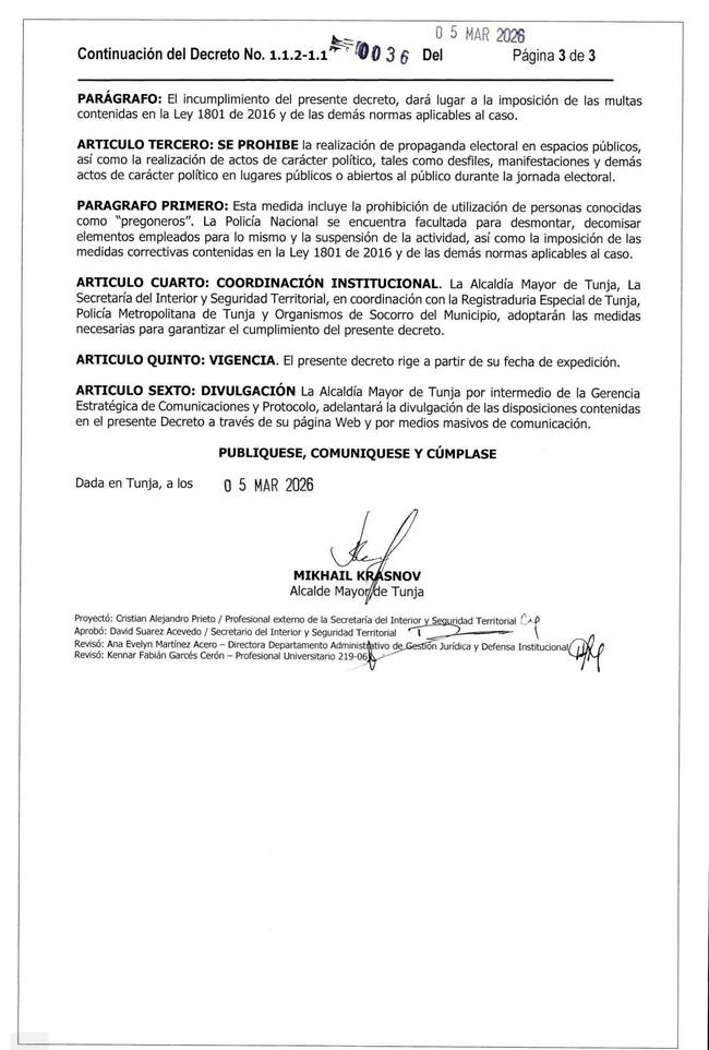 Decreto No.0036 de 05 de marzo de 2026 - Por medio del cual se dictan normas para la conservación del orden público para las elecciones.