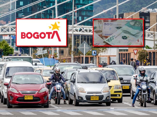 Carros en Bogotá. Logo de la Alcaldía de Bogotá. Dinero colombiano. Fotos: Getty Images y Alcaldía de Bogotá.