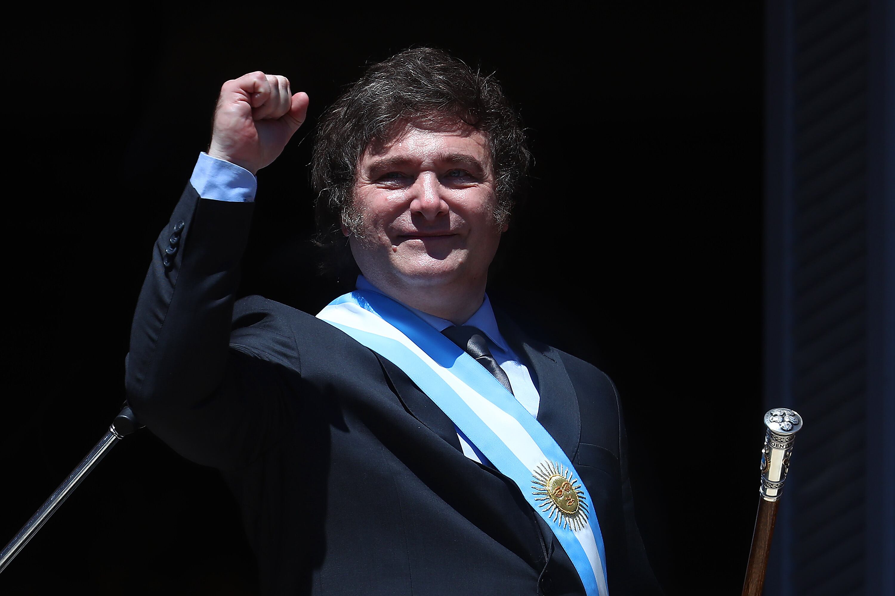 BUENOS AIRES, ARGENTINA - DECEMBER 10: President of Argentina Javier Milei gives a speech after his Inauguration Ceremony at "Casa Rosada" Presidential Palace on December 10, 2023 in Buenos Aires, Argentina. (Photo by Marcos Brindicci/Getty Images)