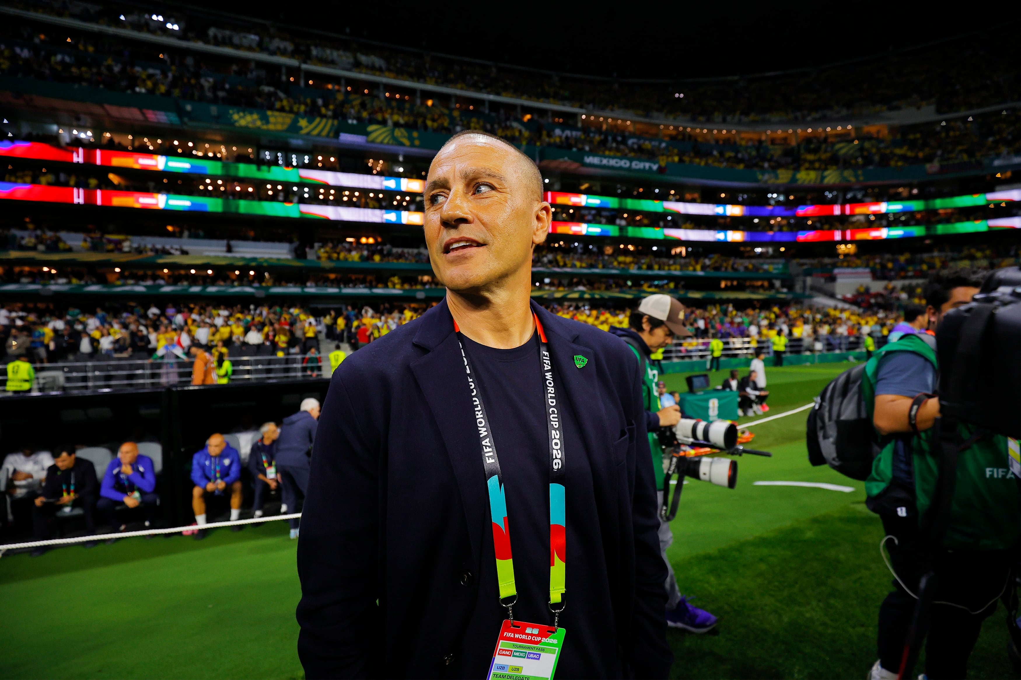 MEXICO CITY, MEXICO - JUNE 17: Fabio Cannavaro Coach of Uzbekistan looks on during the FIFA World Cup 2026 Group K match between Uzbekistan and Colombia at Mexico City Stadium on June 17, 2026 in Mexico City, Mexico. (Photo by Cesar Gomez/Jam Media/Getty Images)