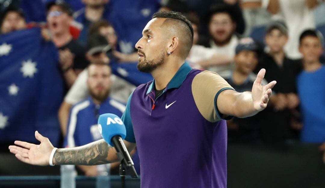 Nick Kyrgios festeja luego de eliminar en cinco set al francés Ugo Humbert.
