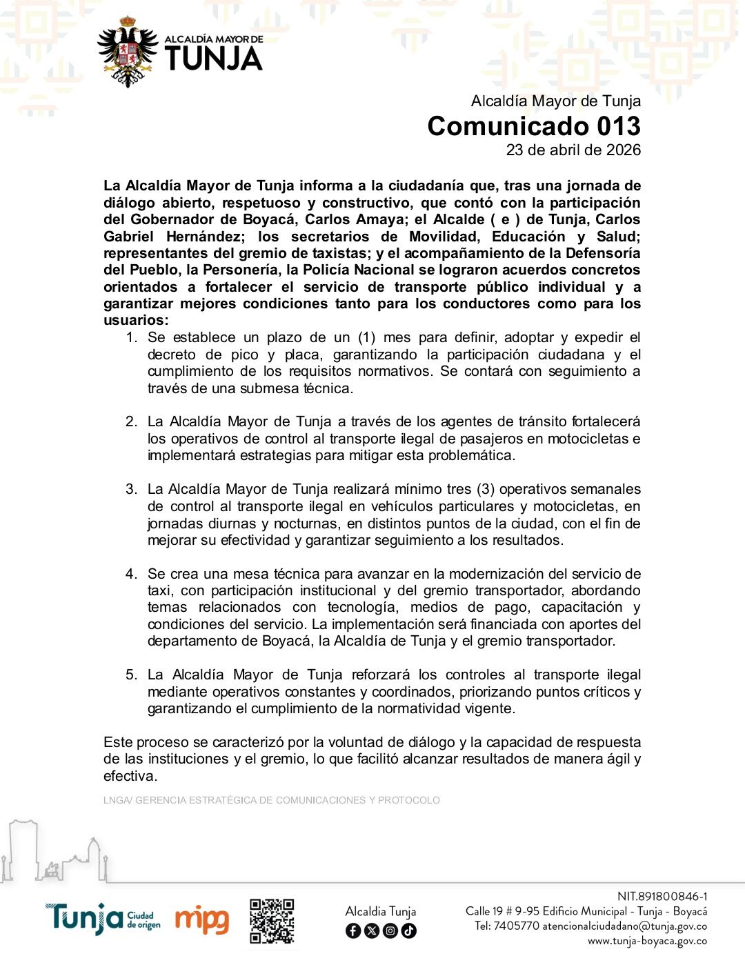 Estos son los cinco acuerdos que se alcanzaron en la mesa de concertación entre la Alcaldía de Tunja y los taxistas.