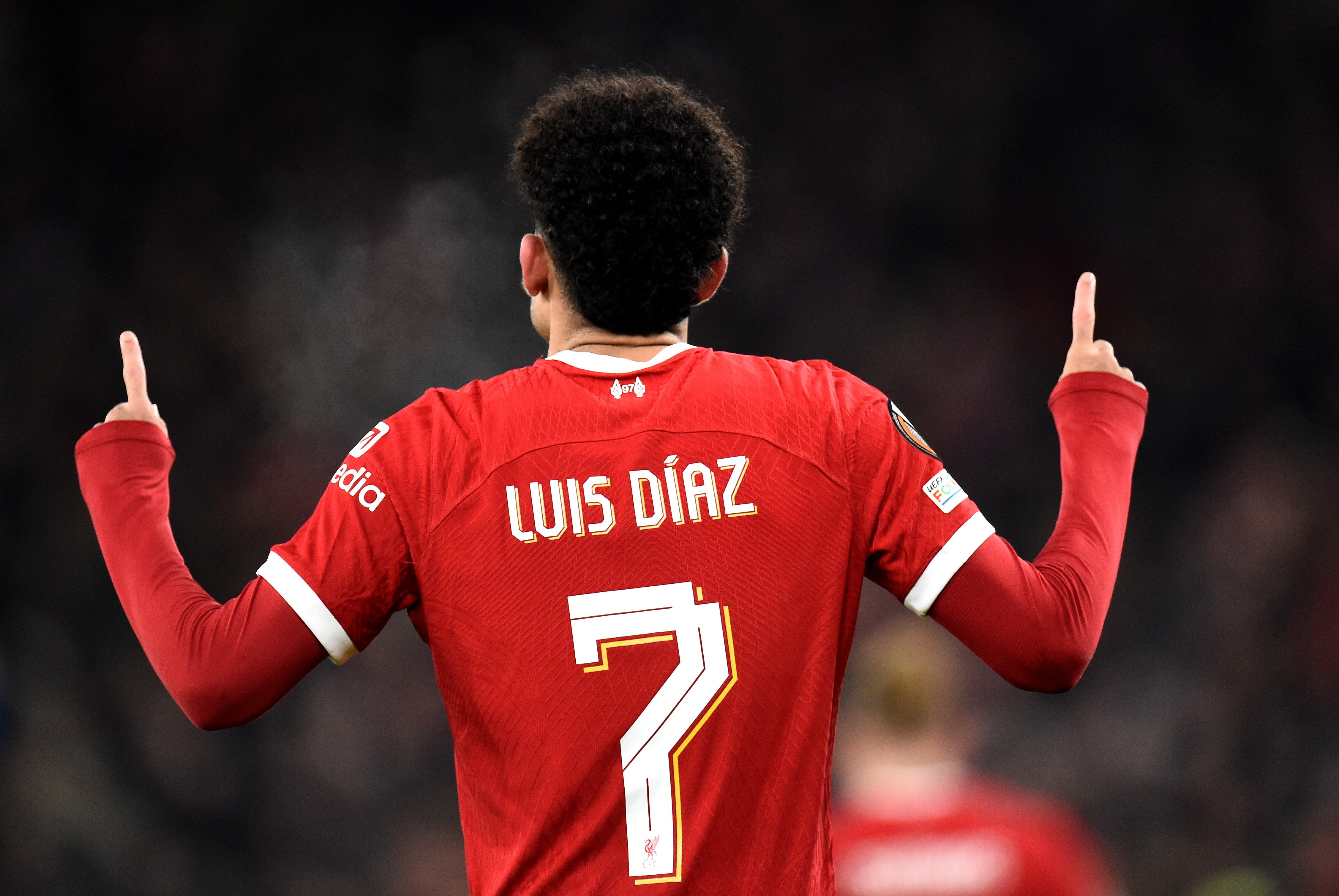 Liverpool (United Kingdom), 30/11/2023.- Luis Diaz of Liverpool celebrates after scoring the opening goal during the UEFA Europa League group E match between Liverpool and LASK in Liverpool, Britain, 30 November 2023. (Reino Unido) EFE/EPA/PETER POWELL