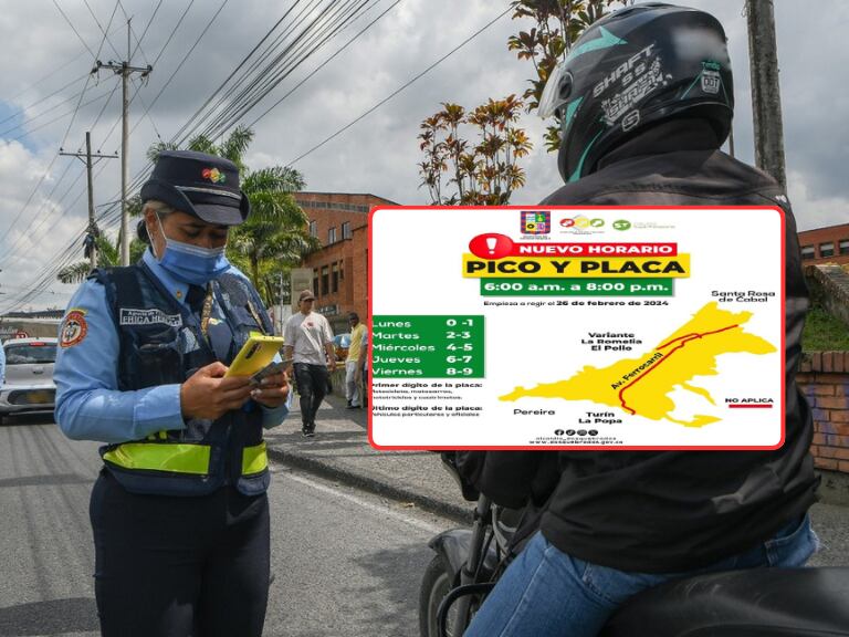 Policía revisando los papeles de un motociclista / Mapa del Pico y Placa municipal (Crédito: Alcaldía de Dosquebradas)