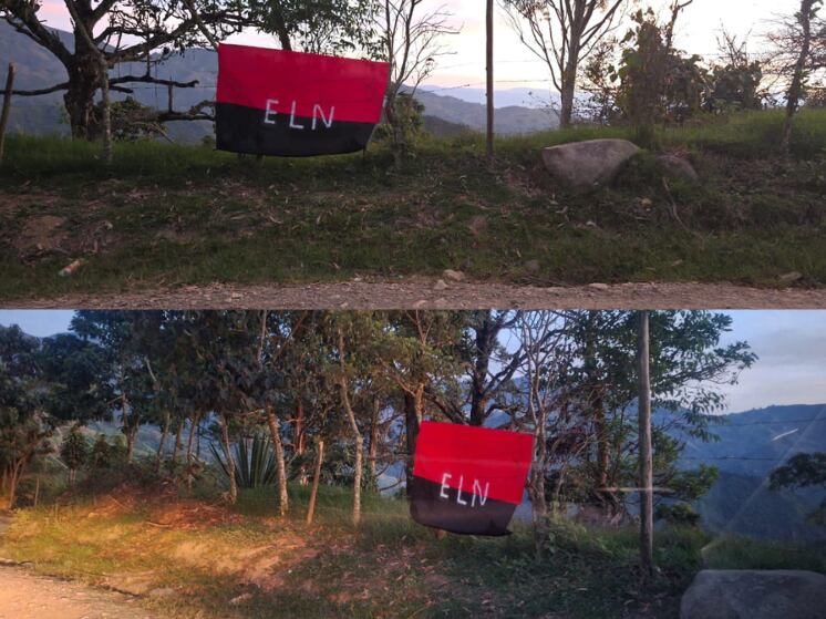 Fotografía de banderas del ELN en Marmato en Caldas